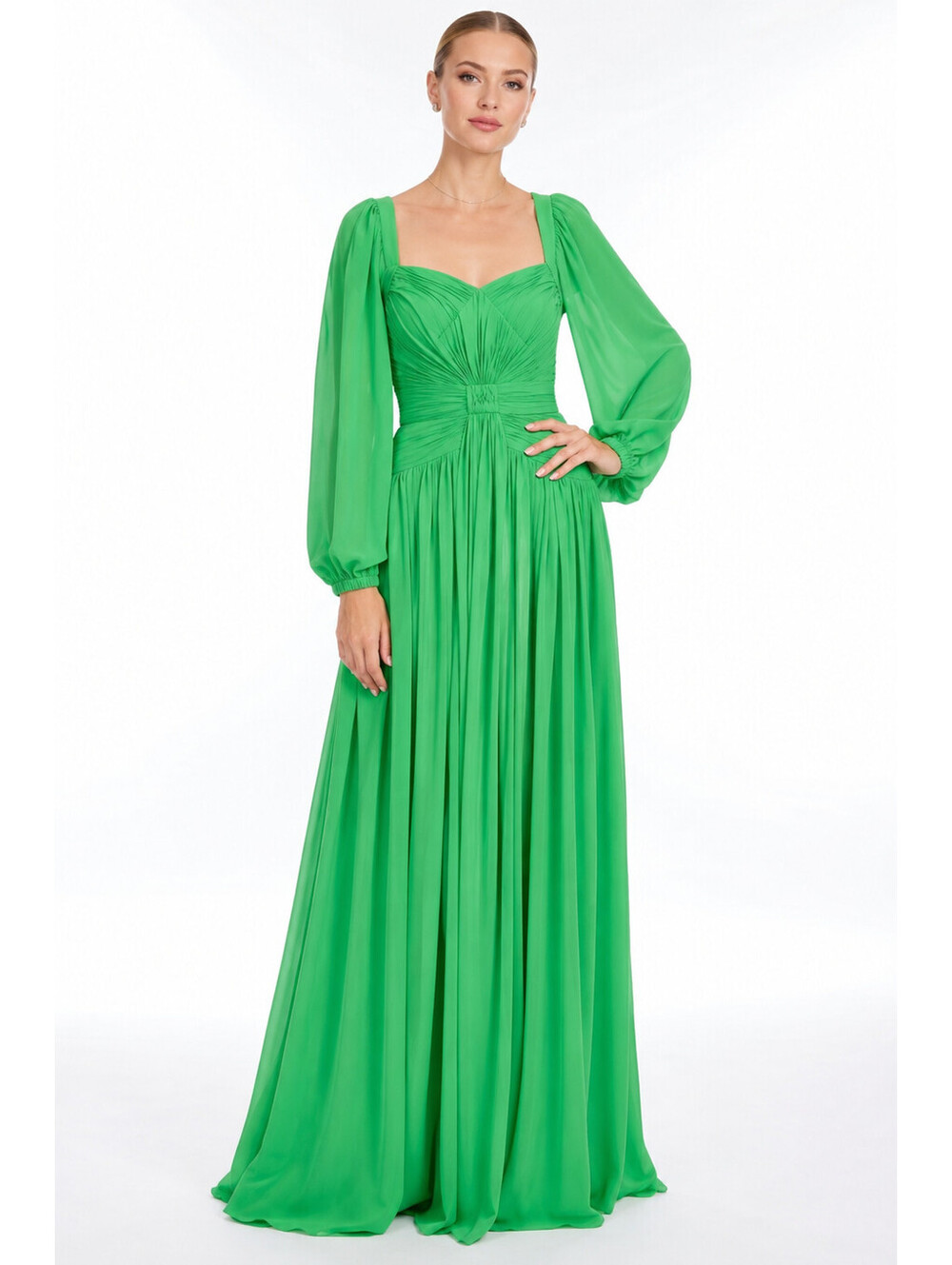 Badgley Mischka Queen Anne Pleated Georgette Gown $995 Green sz 4 Long Sleeve